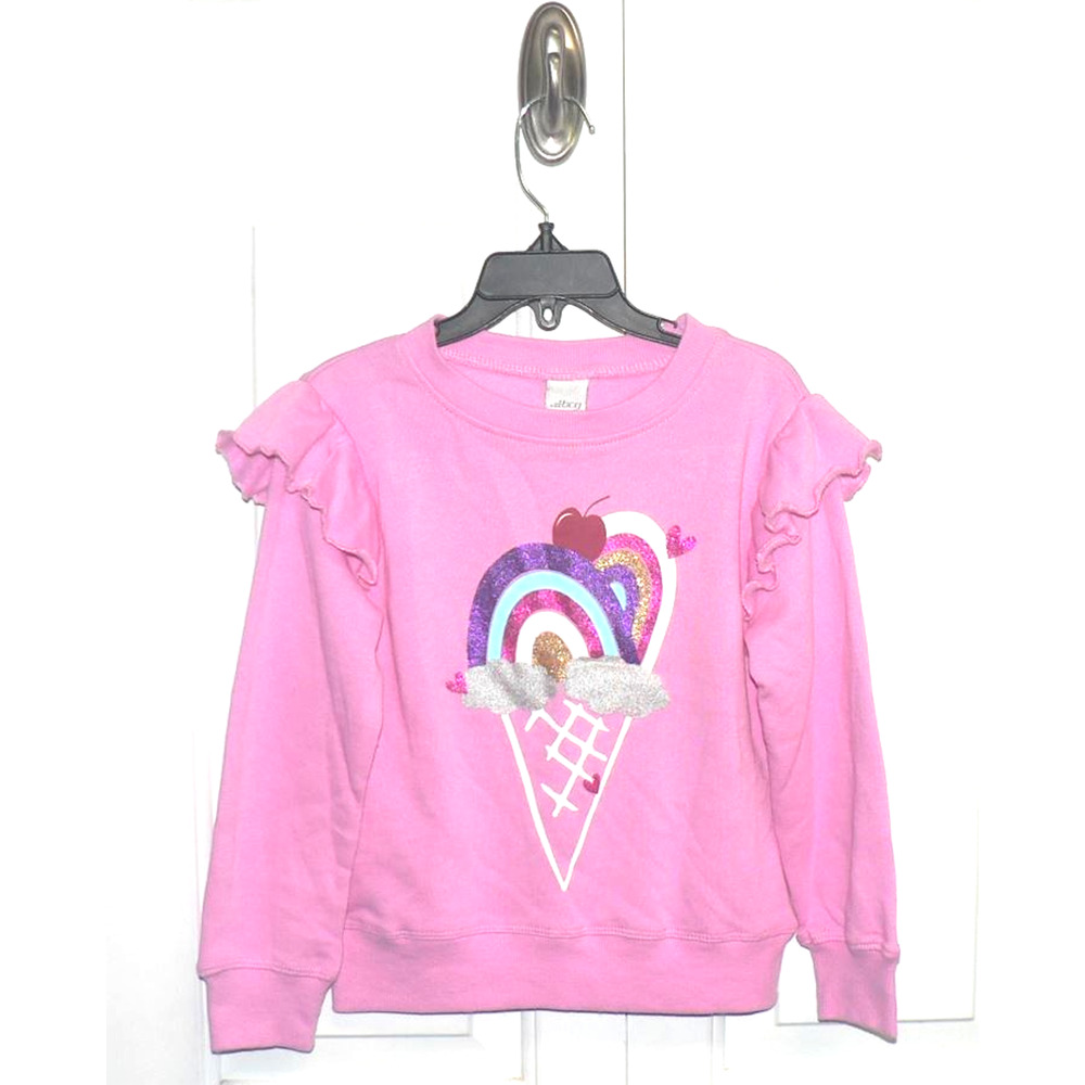 BCG Girls Ruffle Sleeve Crew Sweatshirt in Pink Rainbow Ice Cream Cone Size 4